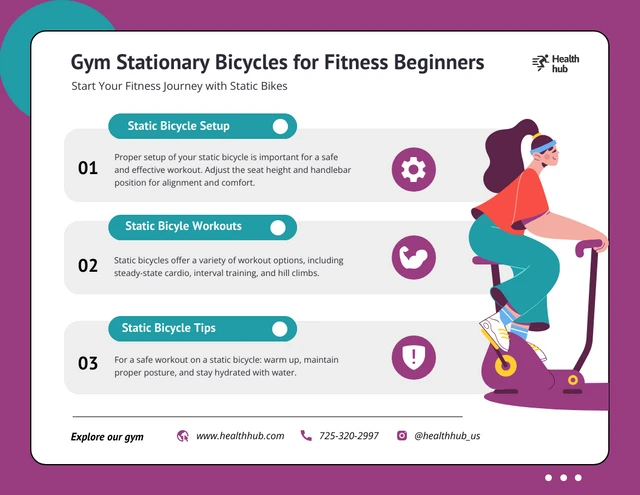 Modelo de infográfico de bicicletas estacionárias de ginástica para iniciantes em fitness