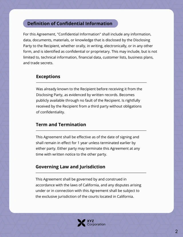 Purple Company Non-Disclosure Agreement Contract - Page 2