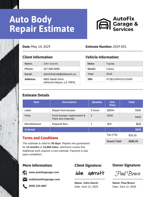 Auto Body Repair Estimate Template