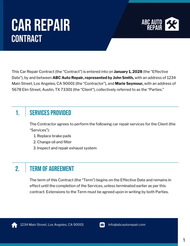 Car Repair Contract Template - Page 1