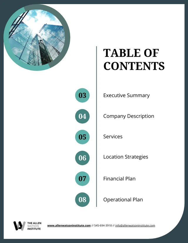 Modèle de table des matières de plan d'affaires bleu sarcelle