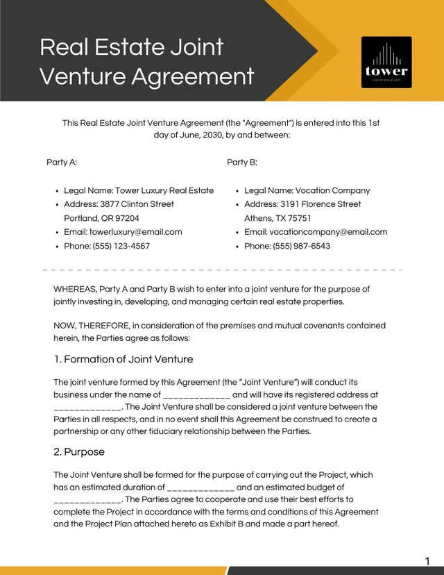 Black and Yellow Real Estate Joint Venture Agreement - Page 1