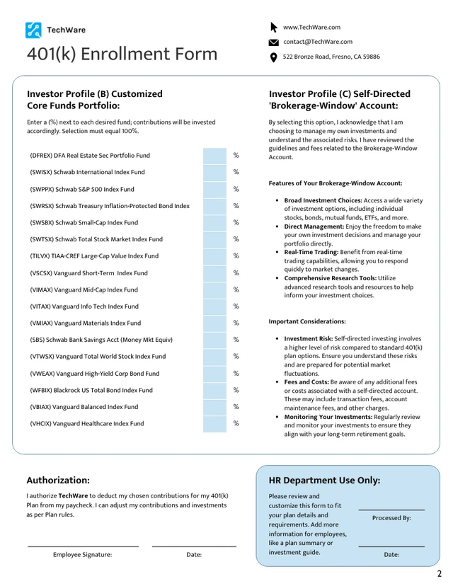 401(k) Enrollment Form Template - page 2