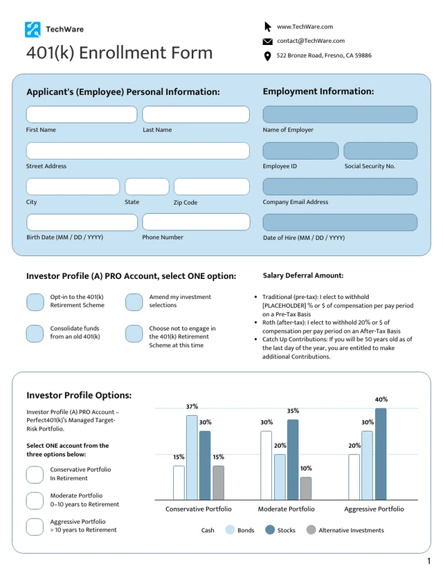 401(k) Enrollment Form Template - page 1