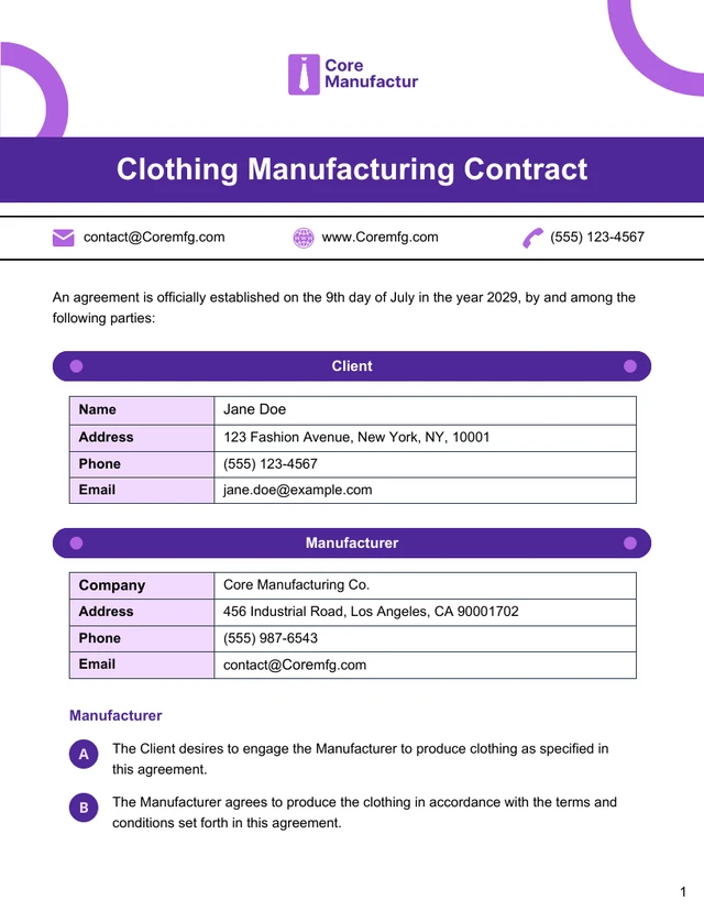 Clothing Manufacturing Contract Template - Pagina 1