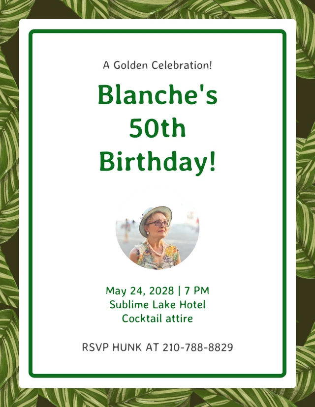 White and Green Minimalist Modern Leaf Celebration 50th Birthday Invitation Template (Modèle d'invitation à la célébration du 50e anniversaire)