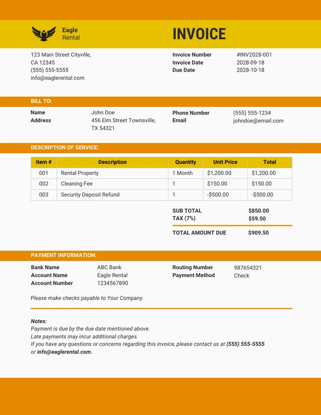 Simple Orange and Yellow Rental Invoice Template