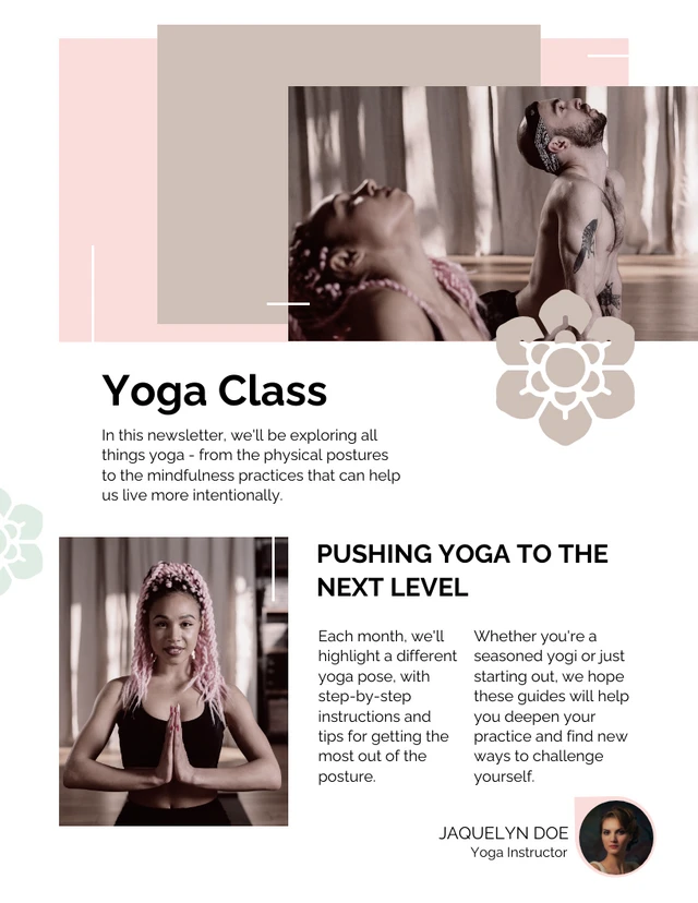 Boletim informativo moderno e elegante sobre aulas de ioga em bege