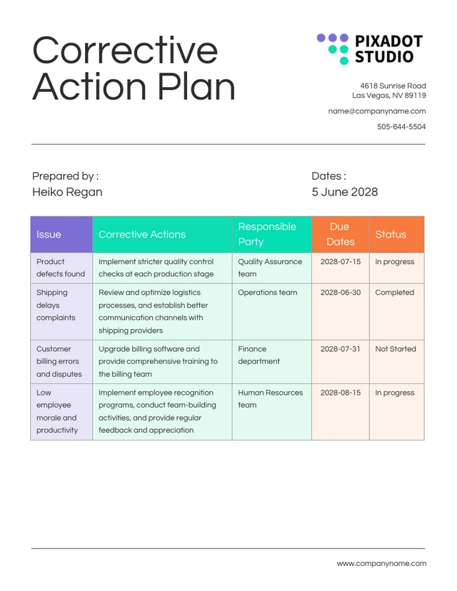 Colorful Simple Corrective Action Plan Template