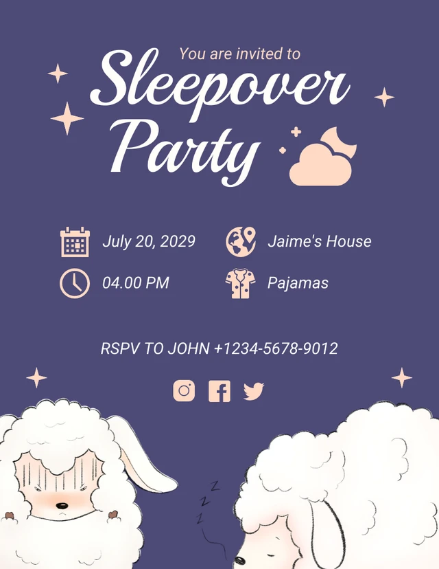 Blue And Pink Cheerful Illustration Sheep Sleepover Party Invitation Template