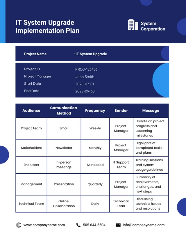 Navy Blue simple IT System Upgrade Implementation Plan Template
