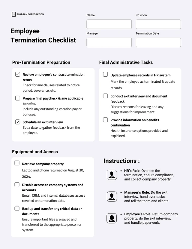 Modello di checklist per la cessazione del rapporto di lavoro