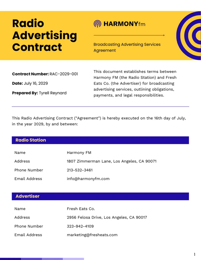 Radio Advertising Contract Template - Pagina 1