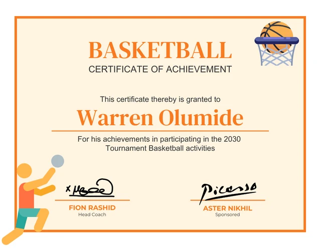 Light Yellow And Orange Modern Illustration Basketball Sport Certificate Template