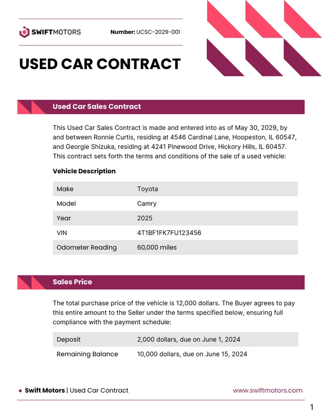 Used Car Contract Template - page 1