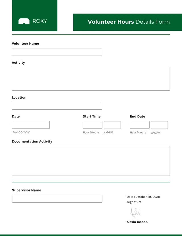Clean White and Green Hours Details Volunteer and Community Service Forms Template