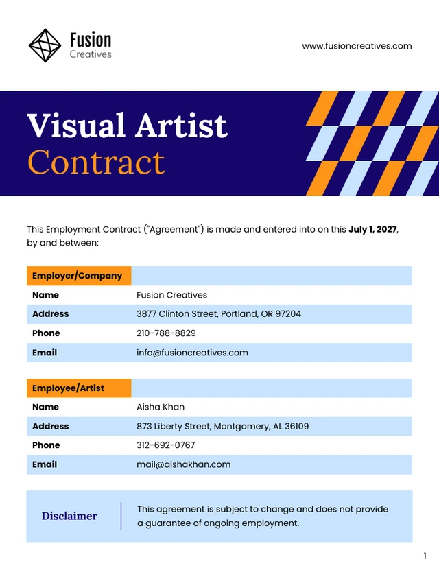 Visual Artist Contract Template - page 1