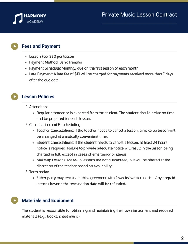 Private Music Lesson Contract Template - Page 2