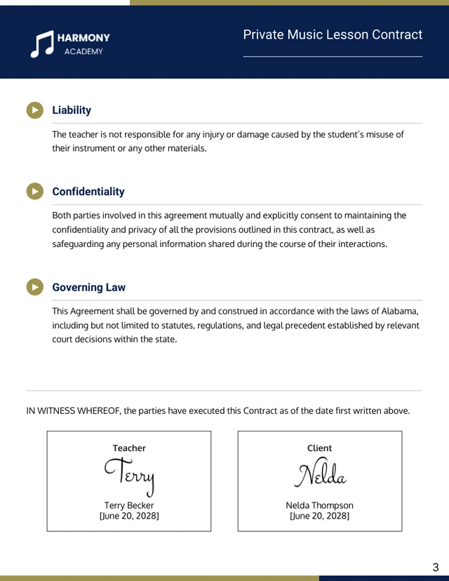 Private Music Lesson Contract Template - Pagina 3