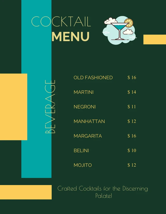 Grüne, blaue und gelbe moderne Cocktailmenü-Vorlage