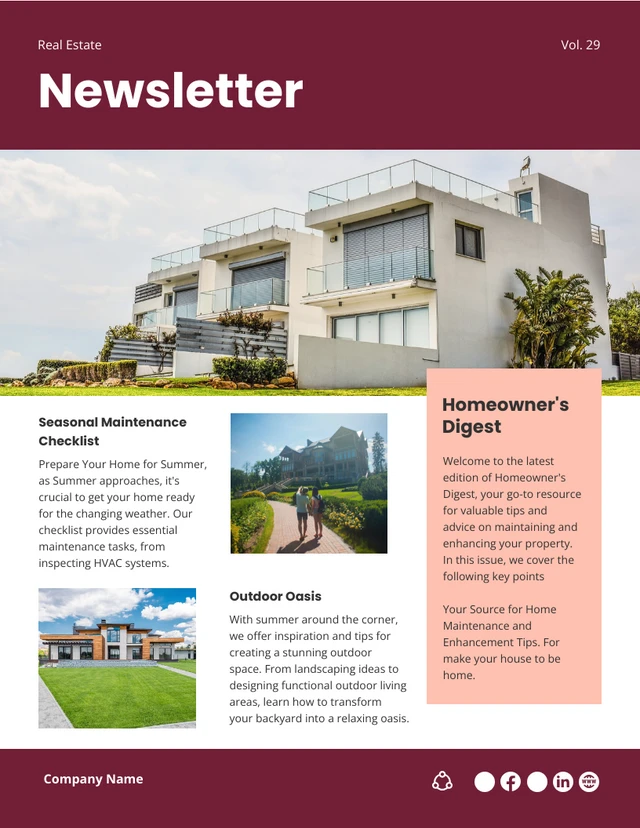 Modern Maroon Pink Real Estate Newsletter Template