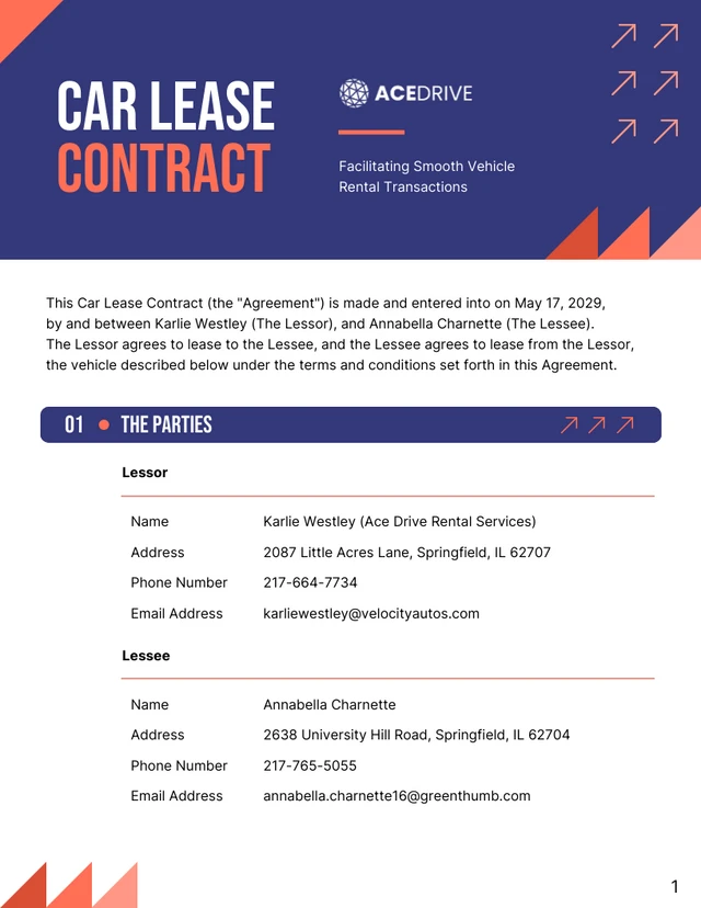 Car Lease Contract Template - Page 1