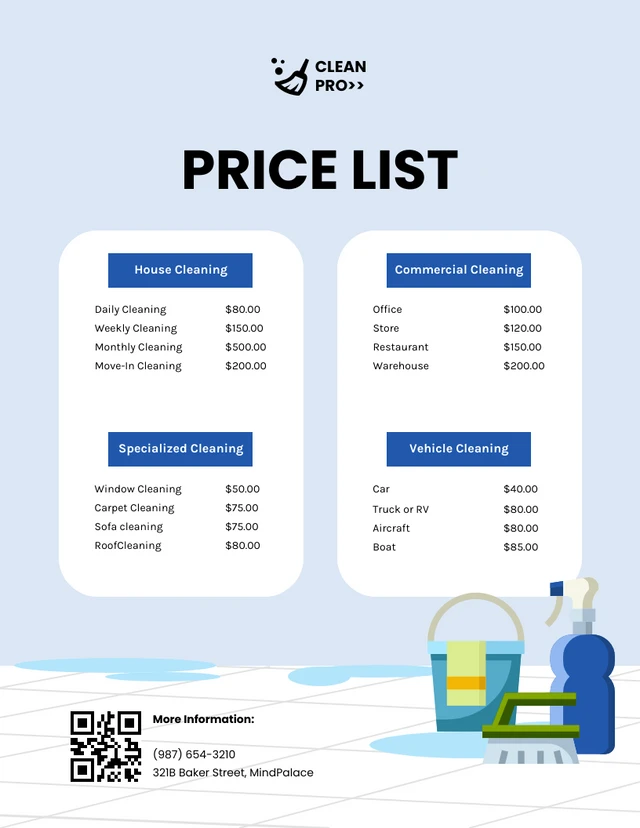 Modèle de listes de prix de nettoyage d'illustration minimaliste bleue et blanche