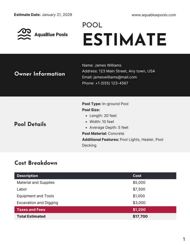 Pool Estimate Template - صفحة 1