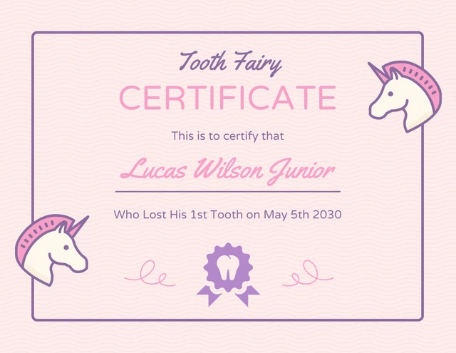 Pink Minimalist Illustration Tooth Fairy Certificate Template