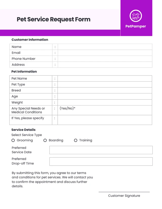 Simple Purple Pet Service Request Form Template