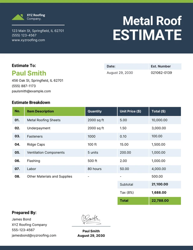 Metal Roof Estimate Template