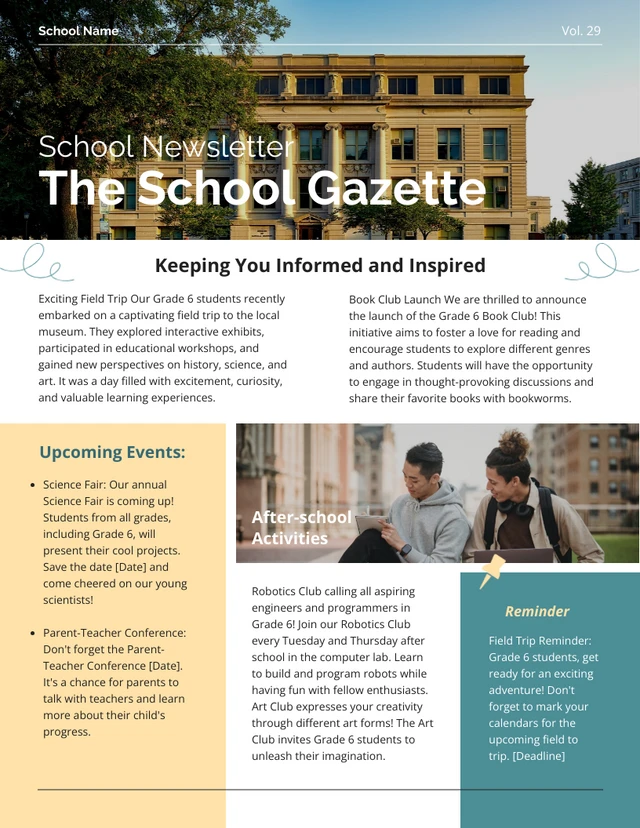 Elegant Emerald Green Yellow School Newsletter Template