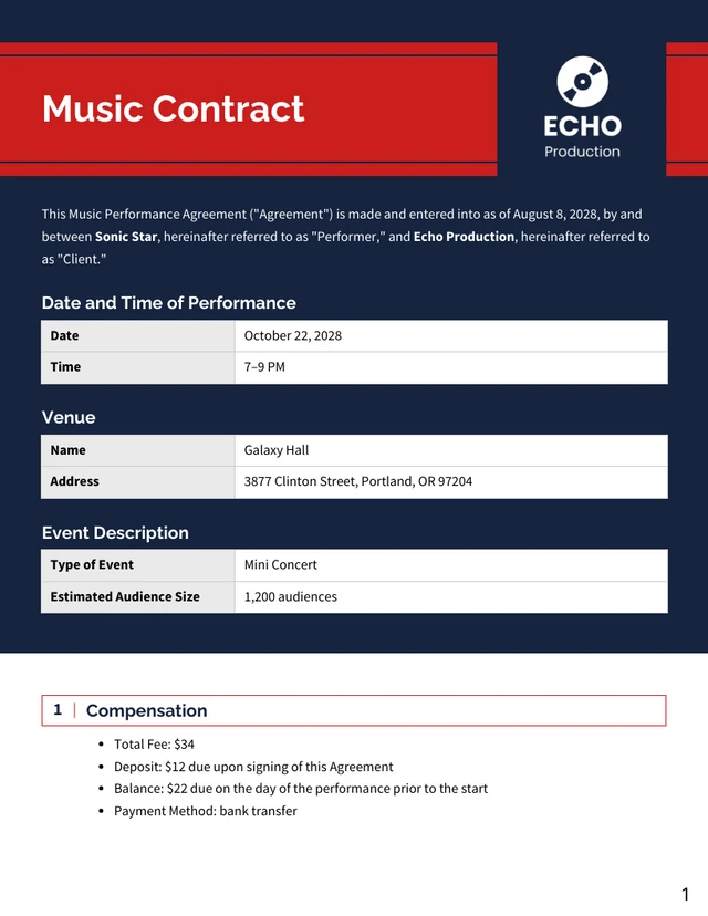 Music Gig Contract Template - Seite 1