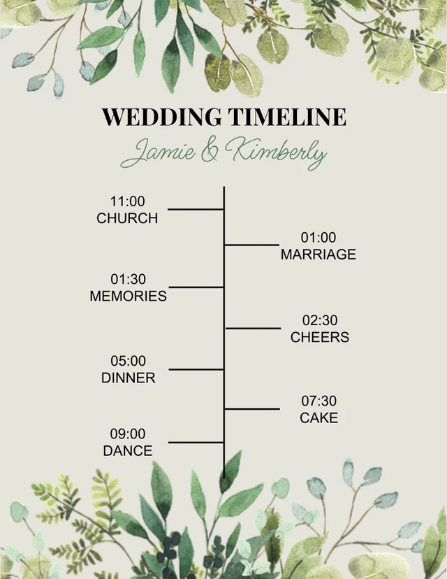 Modèle de chronogramme de mariage floral moderne vert clair
