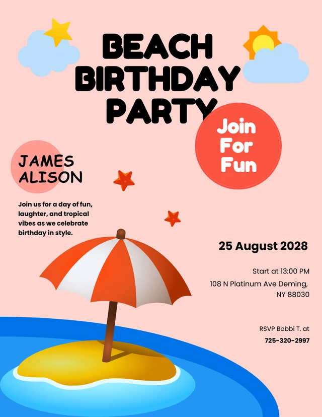 Pink And Red Illustration Beach Birthday Invitations Template