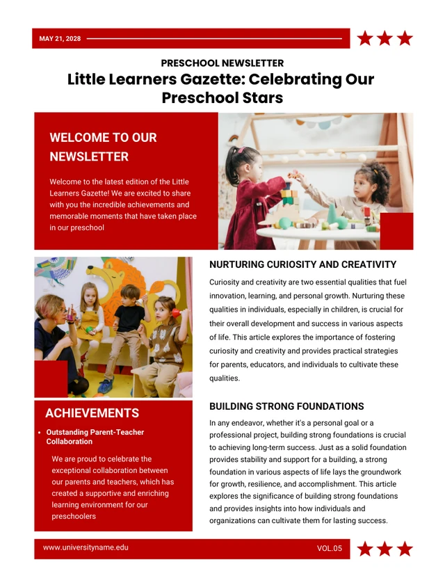 Red And White Little Learners Preschool Newsletter Template