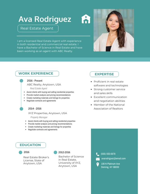 Teal Modern Professional Real Estate Agent Resume Template