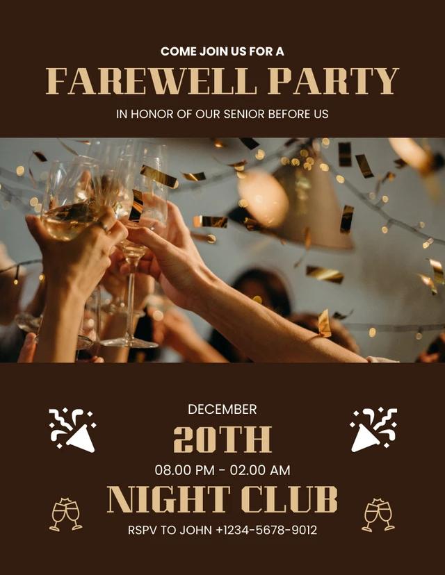 Brown And Gold Modern Elegant Luxury Farewell Party Night Club Invitation Template