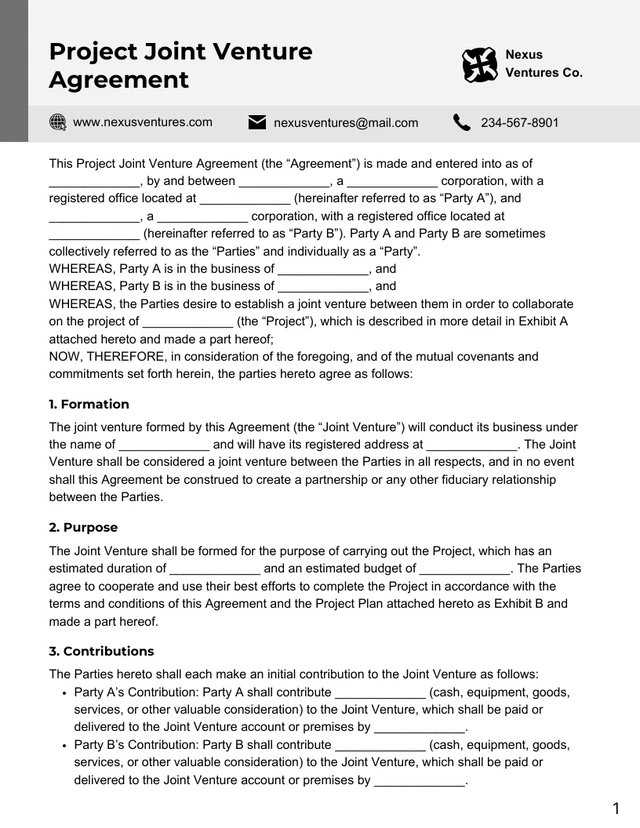 Grey and White Clean Simple Project Joint Venture Agreement - Page 1