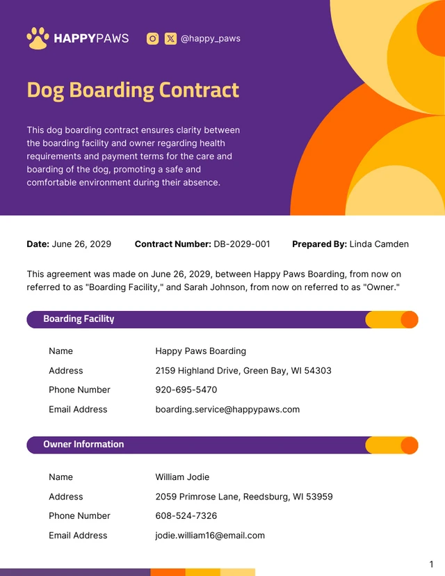 Dog Boarding Contract Template - Page 1