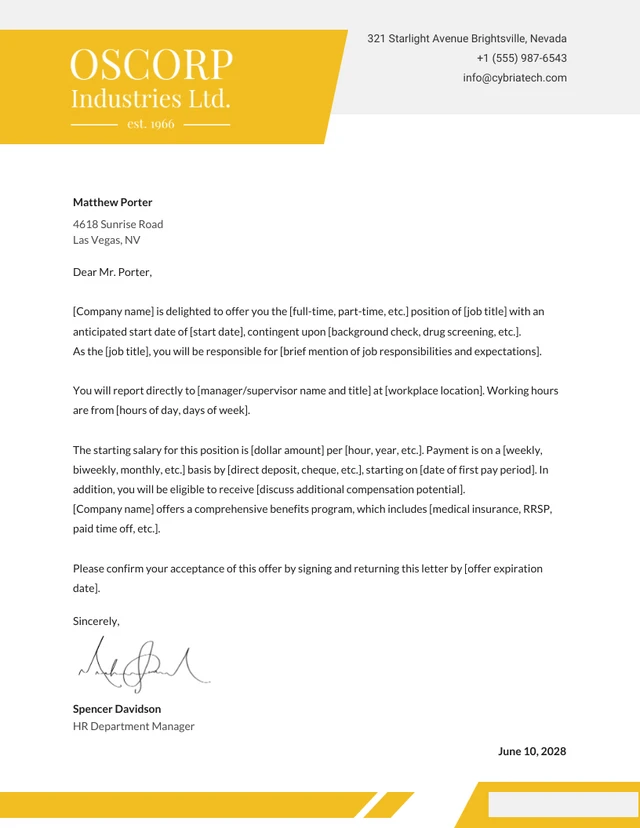 Yellow And Grey Modern Minimalist Offer Letter Template