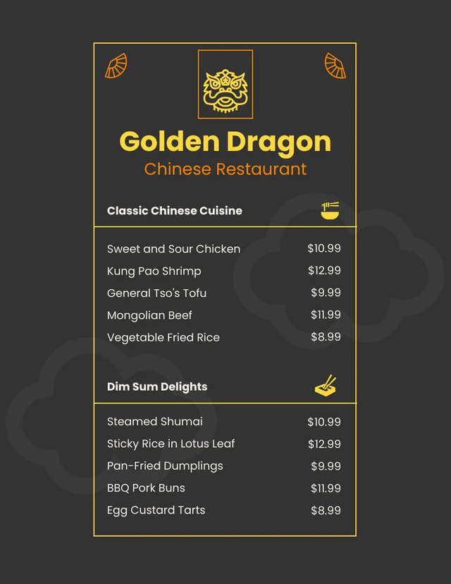 Modèle de menu de restaurant chinois simple noir et or