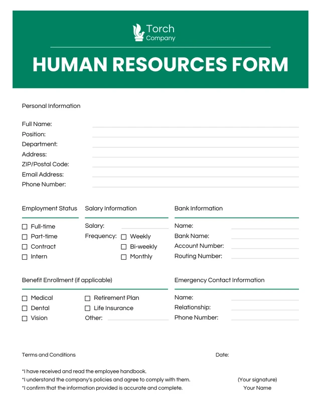 Plantilla moderna de formulario de recursos humanos en verde y blanco