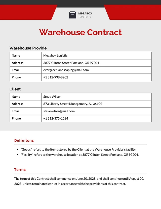 Warehouse Contract Template - page 1