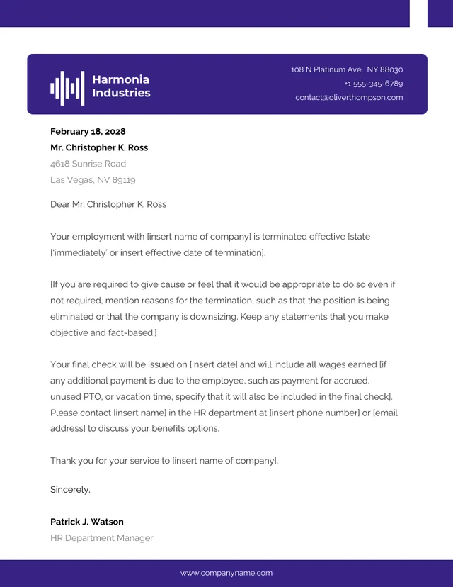 Purple professional Termination Letter Template