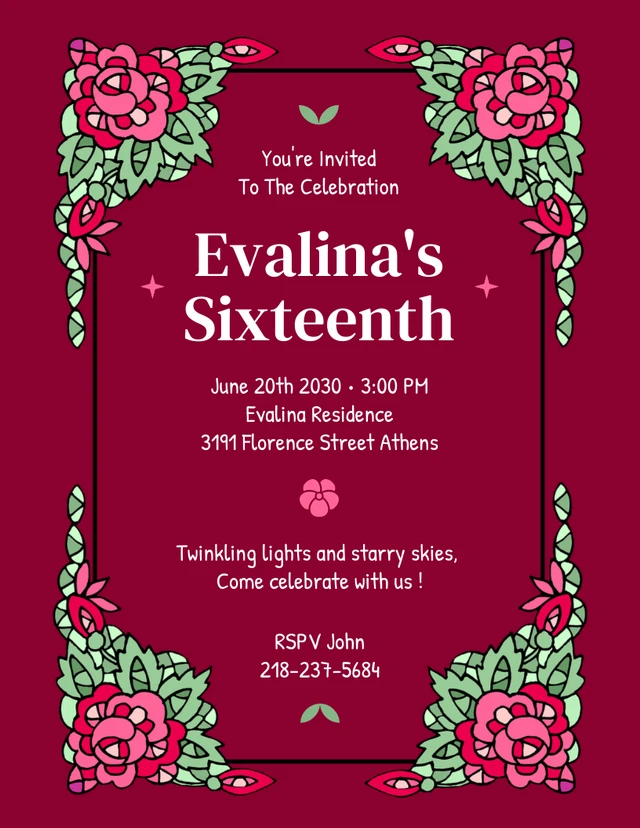 Maroon Classic Floral Sweet 16 Invitation Template