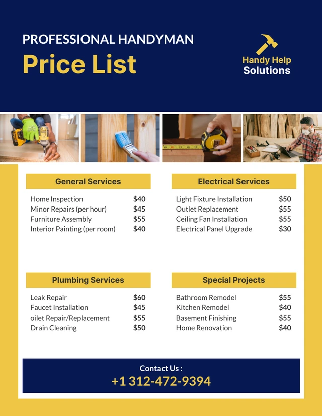 Simple Navy and Yellow Handyman Price Lists Template