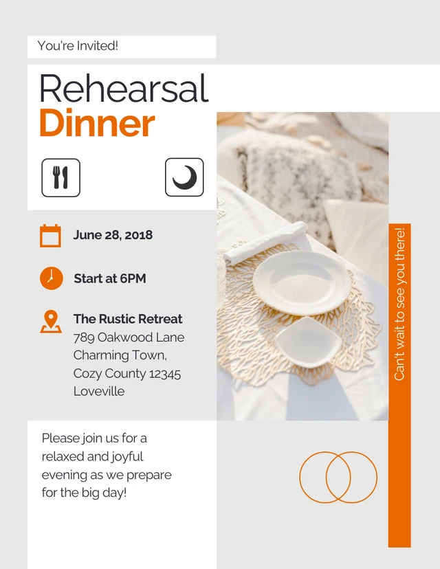 Modèle d'invitation à un dîner de répétition orange blanc simple et propre