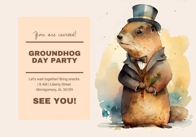 Beige Modern Illustration Watercolor Groundhog Day Card Template