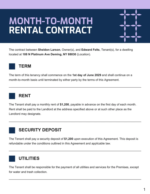 Month To Month Rental Contract Template - Page 1